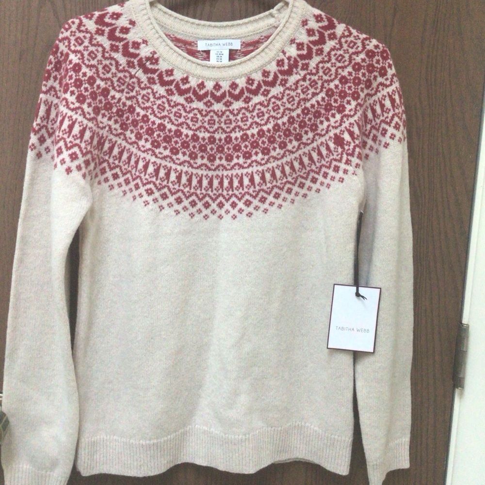 NWT Tabitha Webb Red and Cream Patterned Sweater wool blend Fair Isles, sz M